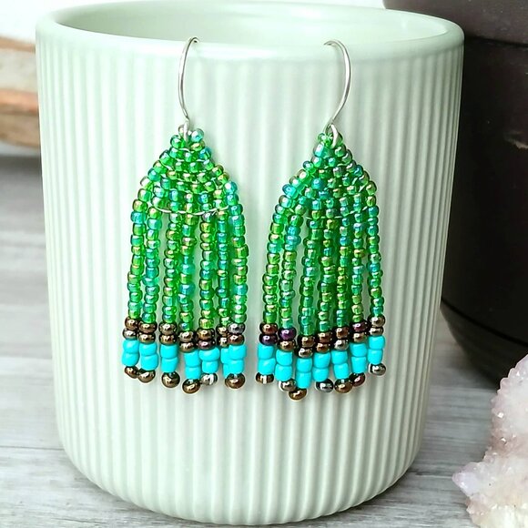 Green Beaded Fringe Dangle Earrings, 2" - Picture 3 of 6